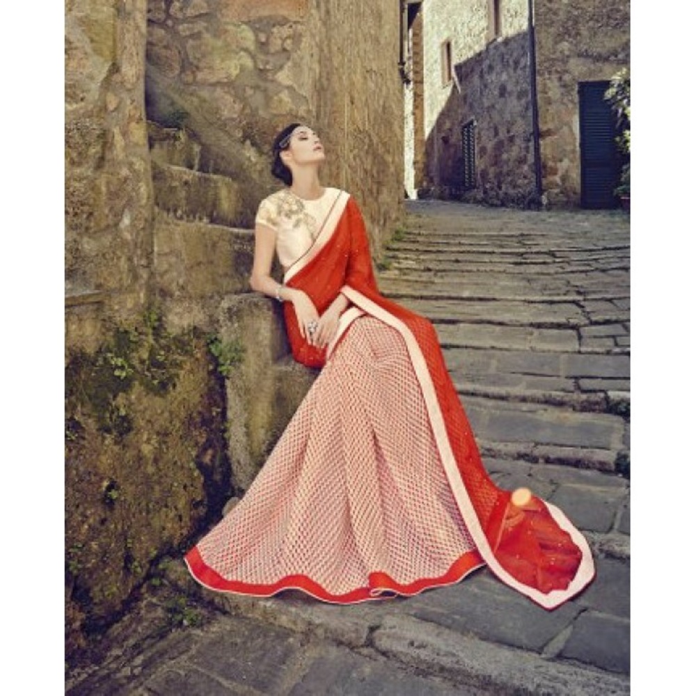 Chiffon orange and cream saree/sari. No blouse